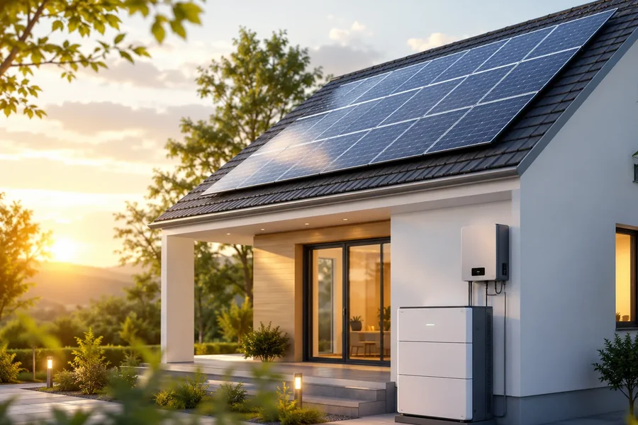 House with SunSeason solar panels on the roof at sunset